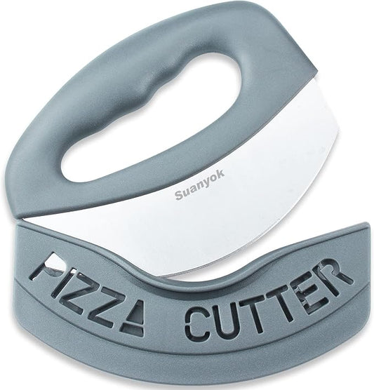 Premium Pizza Cutter Food Chopper-Super Sharp Blade Stainless Steel Pizza Cutter Rocker Slicer with Protective Sheath Multi Function Pizza Knife Kitchen Tools,Dishwasher Safe (Gray)