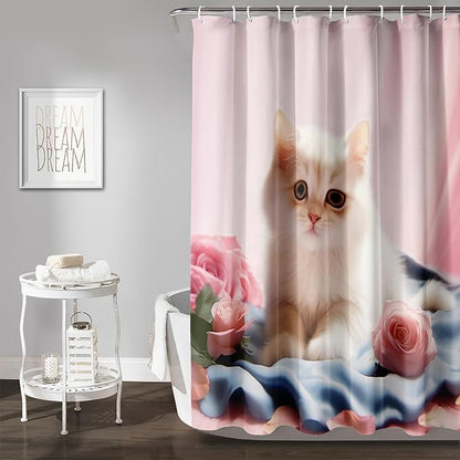 AILONEN 3D Beautiful Cat Shower Curtain,Kawaii Kitten Shower Curtain Set for Kids Boys Girls,Cat Lovers Animal Shower Curtain for Bathroom,Pink Rose Bath Curtain with Hooks,36" W*72" H