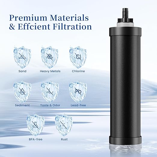 2.25G Gravity Water Filter System, NSF/ANSI 42&372 Standard, 304 Stainless Steel Countertop System with 2 Carbon Filters and Stand, Reduce 99% Chlorine and Lead
