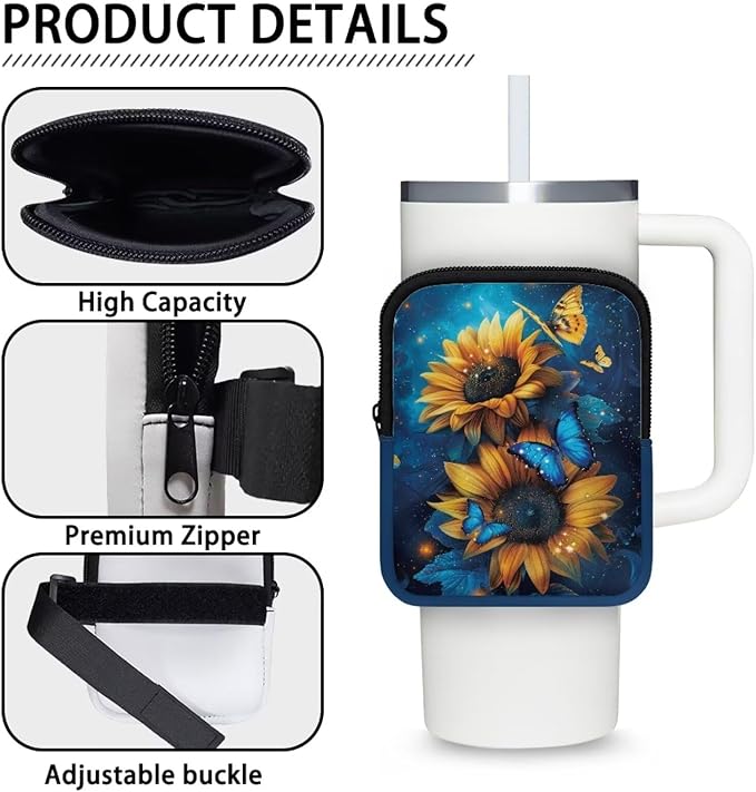 Sunflower Butterfly Stanley Cup Pouch with Adjustable Strap Water Bottle Storage Bag 20oz-40oz IceFlow Tumbler Pouch for Stanley Accessories