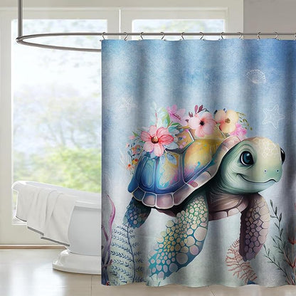 AILONEN Sea Turtle Shower Curtain,Kawaii Sea Turtle Bath Curtain Cloth Fabric Bathroom 72" W*78" H Inch,12 Pack Hooks for Kids,Ocean Animal Themed Bathroom Curtain