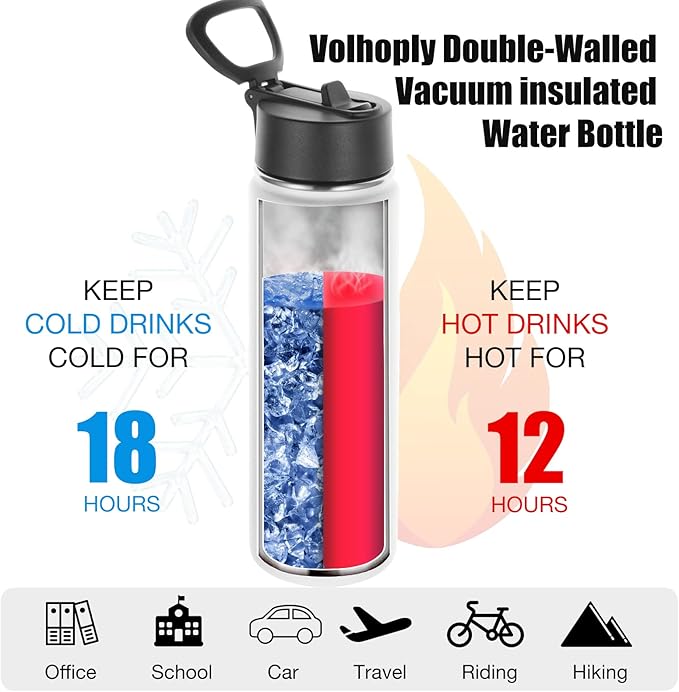 Volhoply 24oz Insulated Water Bottle With Straw Bulk 8 Pack,Metal Wide Mouth Water Bottles With Handle Lid Keep Cold,Reusable Double Wall Thermos,Powder Coated Sport Bottle For Holder(White,8 Count)