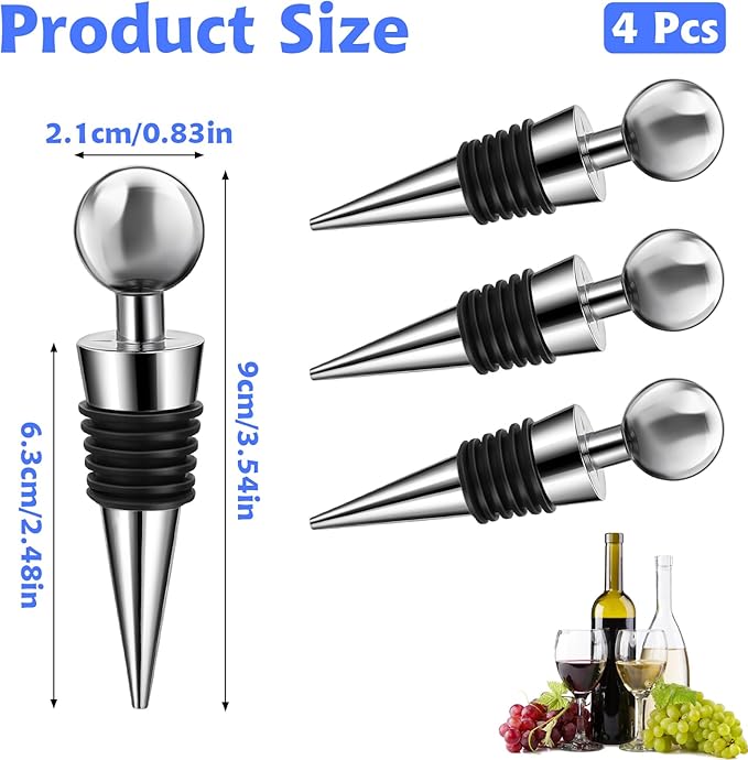 4 Set Wine Stoppers Vacuum Aluminium Silicone Wine Bottle Stopper Reusable, Leak-Proof Wine Corks Caps for Bar, Party, Camping, And Wedding