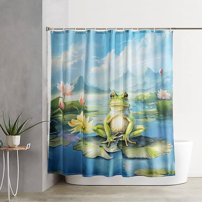 AILONEN Cartoon Frog Shower Curtain Set for Bathroom,Kawaii Green Frog Bath Curtain,Amphibian Animal Shower Curtain,Lotus Flower Waterproof Fabric Shower Curtain with Hooks,72" W*78" H