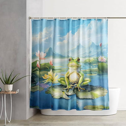 AILONEN Cartoon Frog Shower Curtain Set for Bathroom,Kawaii Green Frog Bath Curtain,Amphibian Animal Shower Curtain,Lotus Flower Waterproof Fabric Shower Curtain with Hooks,36" W*72" H
