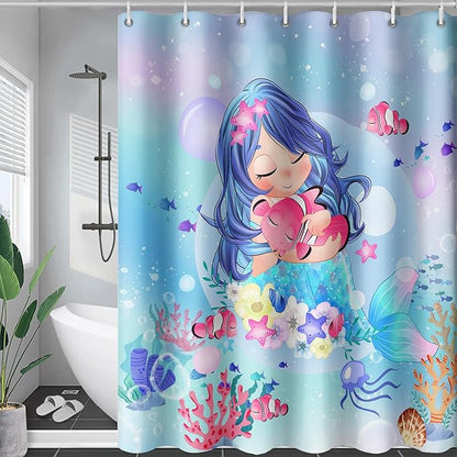 AILONEN Beautiful Mermaid Shower Curtain,Cute Mermaid Bath Curtain for Girls Teens,Ocean Curtain,Cartoon Fish Print Blue Waterproof Curtain for Bathroom Decor, 36" W x 72" H