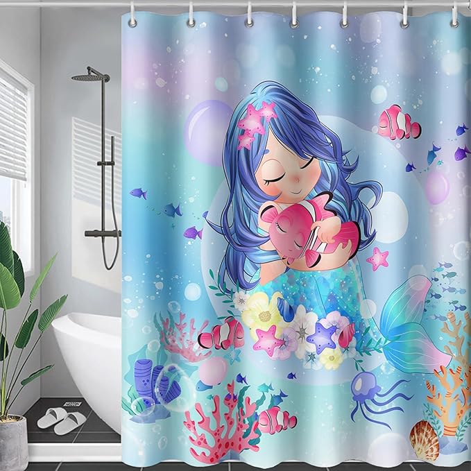 AILONEN Beautiful Mermaid Shower Curtain,Cute Mermaid Bath Curtain for Girls Teens,Ocean Curtain,Cartoon Fish Print Blue Waterproof Curtain for Bathroom Decor, 48" W x 72" H