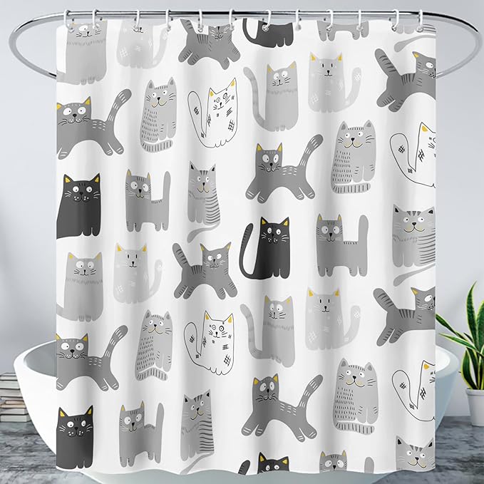 AILONEN Cat Shower Curtain 72" W*72" H Funny Cartoon Cat Grey Printed Bath Curtain Cat Theme Shower Curtain Minimalist Bathroom Curtain Decor Polyester Waterproof Curtain with 12 Hooks