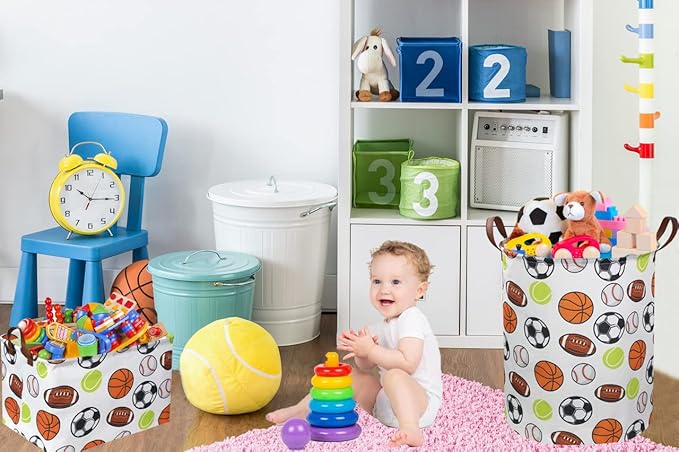 Kids Laundry Basket,Basketball Laundry Hamper Collapsible Baby Storage Baskets for Boys Room Decor,Nursery Hamper,Bedroom,Toy Organizer,(Ball) …