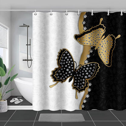 AILONEN Butterfly Shower Curtain for Bathroom Black and White Floral Printed Butterfly Bath Curtain 36" W*72" H Polyester Fabric Waterproof Bathroom Curtain with 12 Hooks