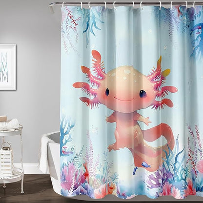 AILONEN Axolotl Shower Curtain for Bathroom,Watercolor Axolotl Coral Bath Curtain for Kids Girls,Ocean Animal Salamander Blue Shower Curtain Decoration Waterproof with 12 Plastic Hooks, 48" W*72" H