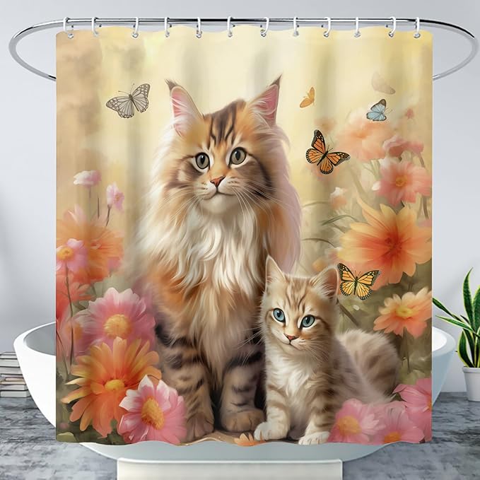 AILONEN Cartoon Kawaii Cat Shower Curtain for Kids Girls, 3D Cat Mum and Son with Flower Shower Curtain for Bathroom Decor,Cat Lovers Animal Waterproof Shower Curtains Sets with Hooks,72" W*84" H