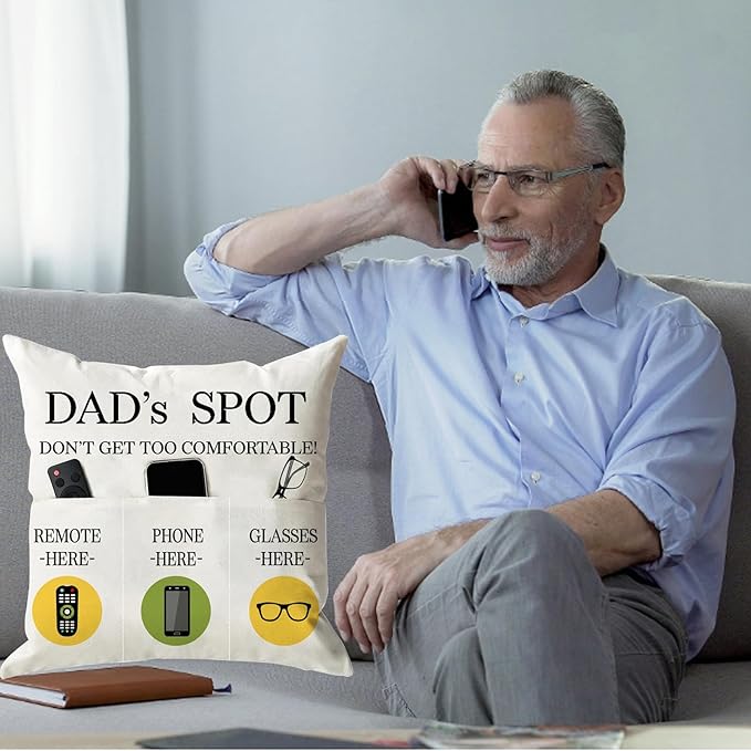 Father's Day Throw Pillow Case, Dad's Spot Throw Pillow Covers 18 x 18 Inch，Dad Gifts from Daughter Son，Birthday Christmas Thanksgiving Day Gifts for Papa Stepdad ，3-Pocket