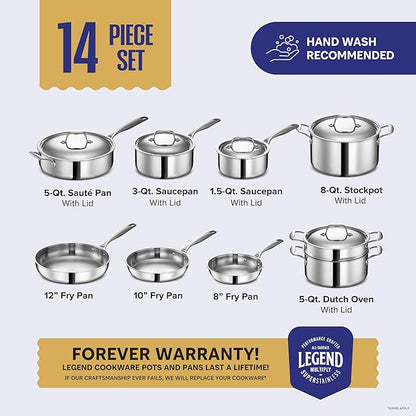 Legend 5 Ply Stainless Steel Cookware Set - 14-Piece, Full Clad, Induction, Non-Toxic, Oven Safe, Best Professional Pots and Pans, Heavy Premium Kitchen Cooking, Chef Quality - PFOA, PTFE & PFOS Free
