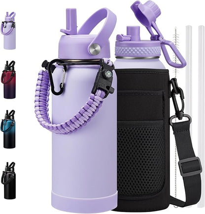32 oz Insulated Water Bottle with Straw - Pop-up Spout Lid, Paracord Handle, Carrier Bag with Strap, Leak Proof Stainless Steel Water Bottle 32oz, Cold Flask Jug for Traveling Hiking