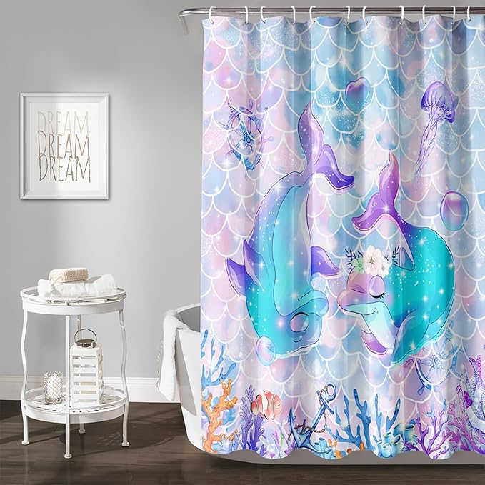 AILONEN Cute Dolphin Shower Curtain,Kawaii Ocean Dolphin Bathroom Curtain for Kids Girls Women,Cartoon Fish Scale Mermaid Bath Curtain 60" W*72" H Polyester Waterproof Shower Curtain with 12 Hooks
