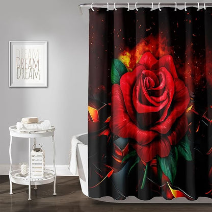 AILONEN Red Rose Shower Curtain for Bathroom, 3D Print Romantic Flower Bath Curtain,Modern Botanical Flame Fire Rose Flower Waterproof Shower Curtain Decoration with 12 Plastic Hooks, 72" W*84" H