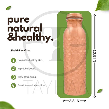 Pure Copper Water Bottle for Drinking - Indian Handmade Ayurveda Healing Benefit Water Bottle for Travel, Hiking, Gym, Office, Outdoor - Normal Finish - 950 ML
