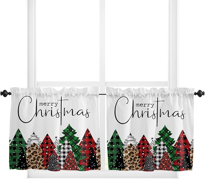 Merry Christmas Kitchen Curtains and Valances Set, Buffalo Plaid Xmas Tree Winter Forest Farmhouse Small Windows Treatments Tiers Short Curtains for Cafe /Living Room/ Bedroom 54x36 in Red Green