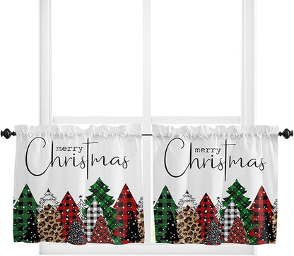 Merry Christmas Kitchen Curtains and Valances Set, Buffalo Plaid Xmas Tree Winter Forest Farmhouse Small Windows Treatments Tiers Short Curtains for Cafe /Living Room/ Bedroom 54x36 in Red Green