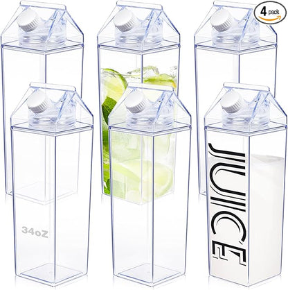 KALYLOC Milk Carton Water Bottle, 34 oz Clear Plastic Milk Box Square Juice Bottle, Portable Reusable Milk Bottles Bulk Water Container for Outdoor Sports Travel Camping Activities (Clean 6pcs)