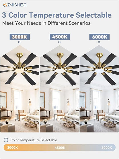 72 inch Black and Gold Ceiling Fans with Lights and Remote, Indoor/Outdoor Ceiling Fan for Patio Living Room, 6 Speed Reversible Quiet DC Motor, 3 CCT, Dual Finish Blades