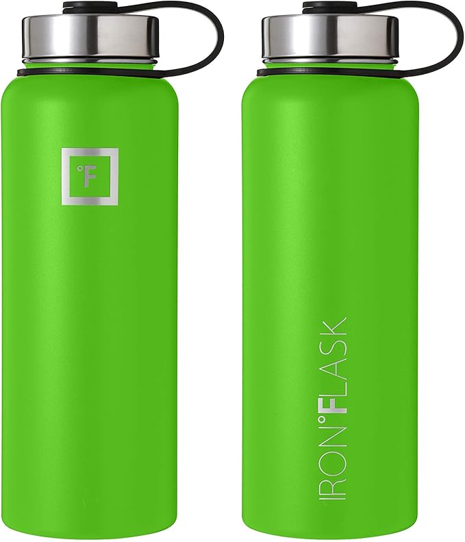 IRON °FLASK Sports Water Bottle - Wide Mouth with 3 Straw Lids - Stainless Steel Gym & Outdoor Bottles for Men, Women & Kids - Double Walled, Insulated Thermos, Metal Canteen - Kiwi Green, 40 Oz