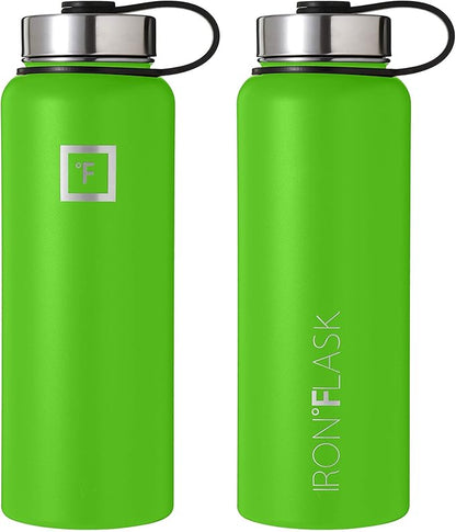 IRON °FLASK Sports Water Bottle - Wide Mouth with 3 Straw Lids - Stainless Steel Gym & Outdoor Bottles for Men, Women & Kids - Double Walled, Insulated Thermos, Metal Canteen - Kiwi Green, 40 Oz