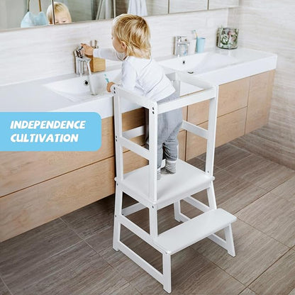 Kids Kitchen Step Stool, Standing Stool with Safety Rail for Toddlers 18 Months and Older, Safety Anti-Slip Protection, Removable Step Stool for Adult Use, White