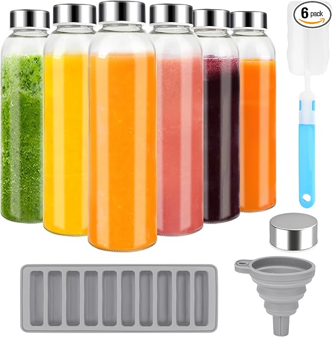 Glass Juice Bottles with Lids for Juicing 18 oz, Reusable Clear Glass Water Bottles with Stainless Steel Airtight Cap for Refrigerator, 100% Leak Proof, BPA Free, Set of 6
