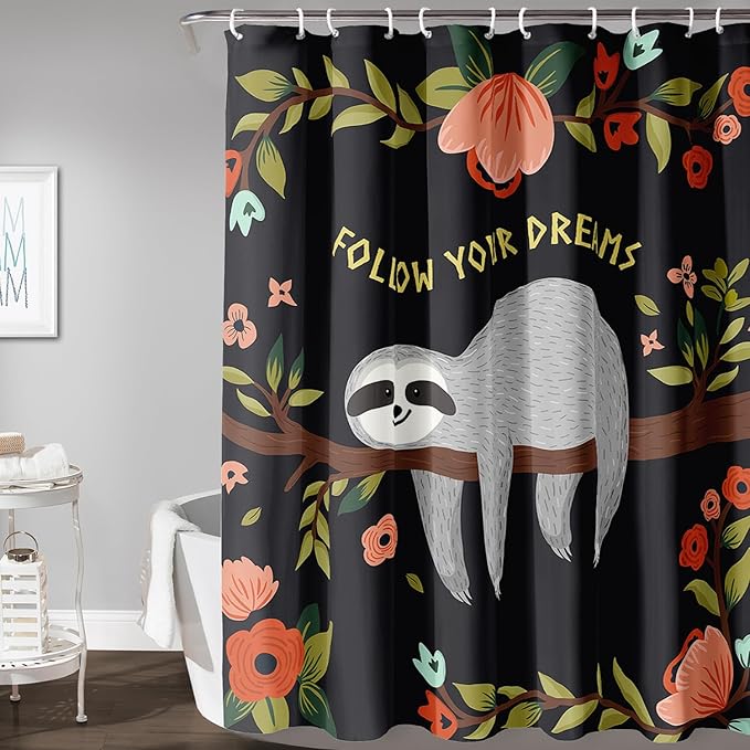 AILONEN Kawaii Sloth Shower Curtain for Bathroom Decor,Floral Sloth Bath Curtain for Kids Boys Girls,Polyester Waterproof 60" W*72" H with 12 Plastic Hooks