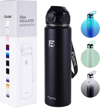 32 oz Insulated Water Bottle with Straw, Stainless Steel Metal Thermos Bottles, Durable Non-Slip Gradient Bottle with Strap for Sports and Travel, Leak Proof (Black Matte)