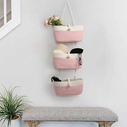 TeoKJ Over The Door Hanging Baskets with Button Strap, 3-Tier Woven Cotton Storage Organizer Bag, Wall-Mounted with Hook Decorative Hanging Nursery Baskets - Pink+White