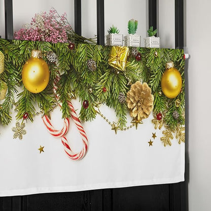 Christmas Kitchen Curtains Valances for Windows Pine Cones Rod Pocket Window Treatment for Kitchen/Living Room/Bedroom/Bathroom,42" X 18" -1 Panel, Golden Ornament Balls