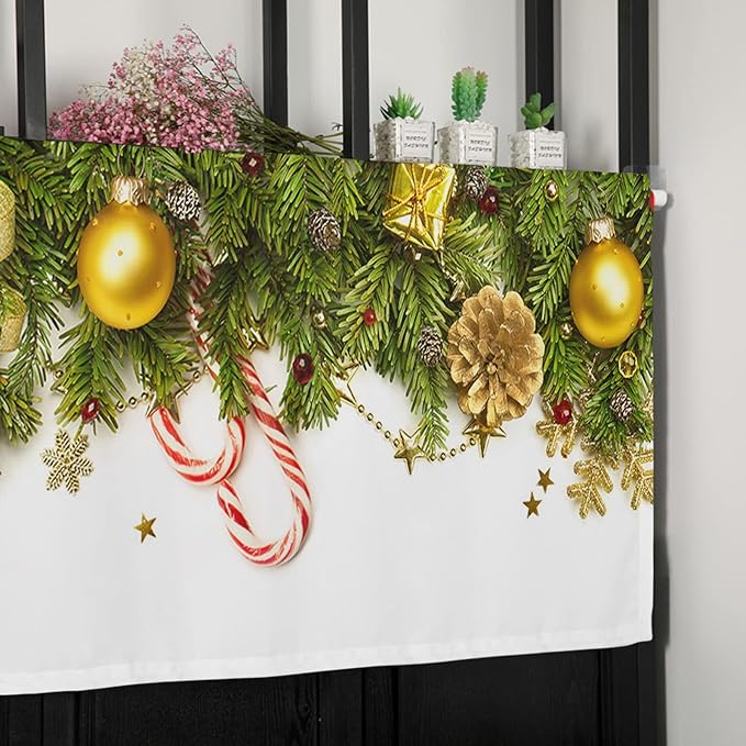 Christmas Kitchen Curtains Valances for Windows Pine Cones Rod Pocket Window Treatment for Kitchen/Living Room/Bedroom/Bathroom,60" X 18" -1 Panel, Golden Ornament Balls