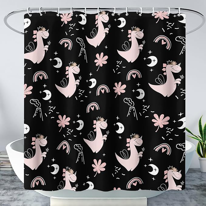 AILONEN Cute Dinosaur Shower Curtain,Cartoon Dinosaur Bath Curtain Gifts for Kids,Polyester Waterproof for Bathroom, 60" W*72" H with 12 Plastic Hooks