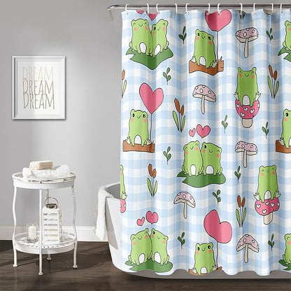 AILONEN Kawaii Frog Shower Curtain,Cute Cartoon Mushroom Frog Bath Curtain,Romantic Frog Couple Hearts Printed Waterproof Blue Stripe Curtain, 72" W x 96" H