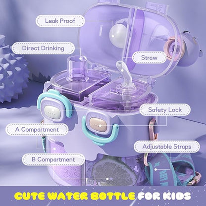 Cute Water Bottle for Kids: 26oz Kawaii Water Bottle for Girls, Funny Bear Water Bottles with Straw and Strap, Dual Compartments Leak-proof Plastic Drinking Cup for School Sport Travel (Pink)