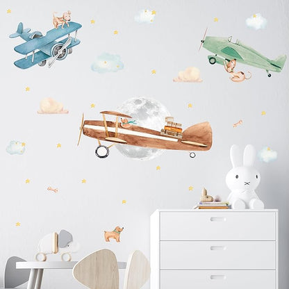 Large Airplane Wall Decals for Kids by Lipastick - 47 pcs Premium Kids Wall Stickers Aircrafts - Creative Nursery Wall Decal - Plane Vinyl Wall Decals for Baby Nursery Children Room Bedroom M Size