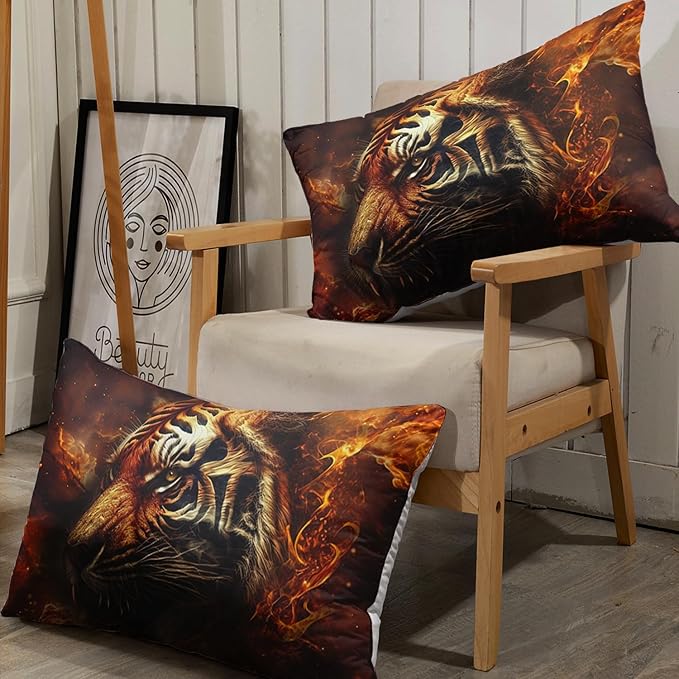 AILONEN Tiger Fitted Sheet Set Queen Size, 3D Fire Animal Tiger Bed Sheet Wildlife Sheet Set,Teen Boys 3 Pieces Printed Safari Tiger Fitted Sheet with 2 Pillowcases