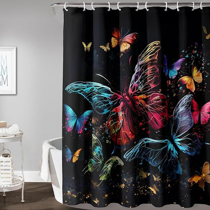 AILONEN Colorful Butterfly Shower Curtain, Tie Dye Butterfly Bath Curtain,Modern Fashion Minimalist Decorative Shower Curtain with 12 Plastic Hooks (Kids/Girls/Women/Teen/) Black 60" W*72" H