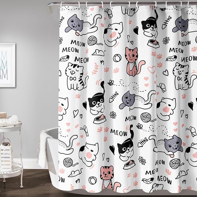 AILONEN Cat Shower Curtain, Cute Cat Cartoon Pet Cat Kitten Bathroom Curtain,Cat Paw Print Cat Lover Bath Curtain 72" W*96" H Polyester Waterproof Bathroom Curtain with 12 Hooks