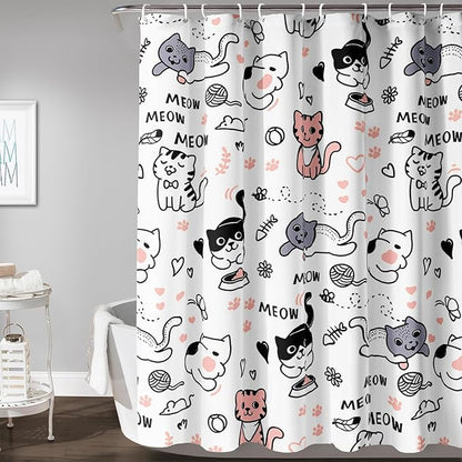 AILONEN Cat Shower Curtain, Cute Cat Cartoon Pet Cat Kitten Bathroom Curtain,Cat Paw Print Cat Lover Bath Curtain 72" W*84" H Polyester Waterproof Bathroom Curtain with 12 Hooks
