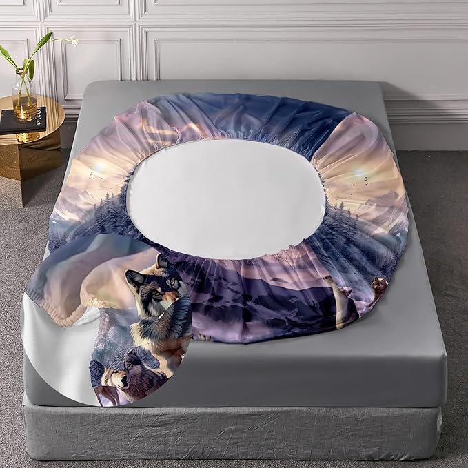 AILONEN Snow Wolf Fitted Sheet Set Twin XL Size, Winter Sunset Wildlife Wolf Bed Sheet Set for Boys Girls Adults,Safari Wolves Print Fitted Sheet with 2 Pillowcases,3 Pieces