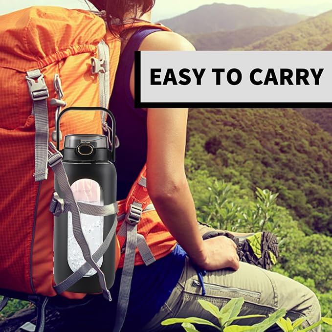 64oz Glass Water Bottle with Straw and Handle - Half Gallon Motivational Water Jug with Time Marker and Silicone Sleeve, Leak proof Wide Mouth Water Flask for Gym, Sports, and Daily Use (Black)