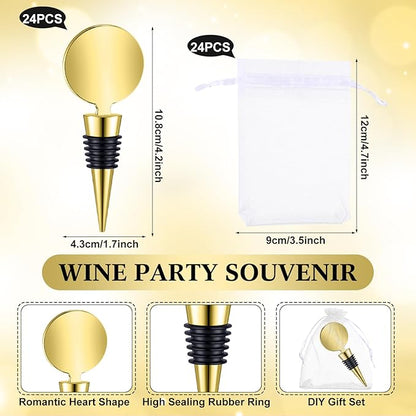 24 Sets Wine Stopper for Wine Bottles Wedding Wine Stopper Champagne Bottle Stoppers Beverage Bottle Stoppers with White Sheer Organza Bags Wedding Party Favor for Guests (Gold)