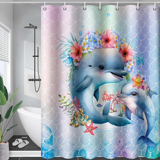 AILONEN Cute Dolphin Shower Curtain,Color Mermaid Scale Print Shower Curtain with 12 Plastic Hooks,Kawaii Ocean Dolphin Print Bath Curtain Decorative Waterproof 72" W*96" H