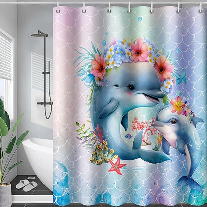 AILONEN Cute Dolphin Shower Curtain,Color Mermaid Scale Print Shower Curtain with 12 Plastic Hooks,Kawaii Ocean Dolphin Print Bath Curtain Decorative Waterproof 72" W*78" H
