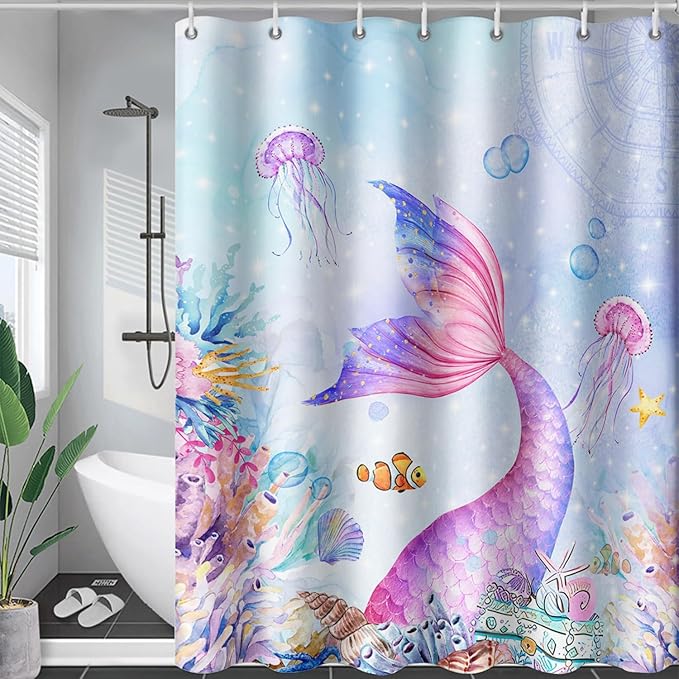 AILONEN Mermaid Shower Curtain,Blue Ocean Coral Jellyfish Coast Bathroom Curtain,Cartoon Mermaid Tail Print Kids Women Girls Bath Curtain 48" W*72" H Polyester Waterproof Shower Curtain with 12 Hooks