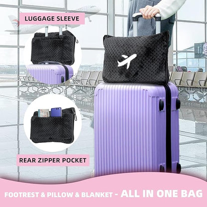 4 in 1 Travel Blanket and Pillow Set with Airplane Footrest - 350 GSM Thick Travel Blanket Airplane Compact with Bag, Inflatable Pillow, Foot Hammock for Plane Travel (Dark Grey)